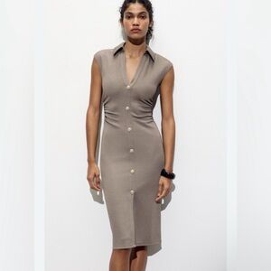 Zara Tan Midi Dress with Button Detail